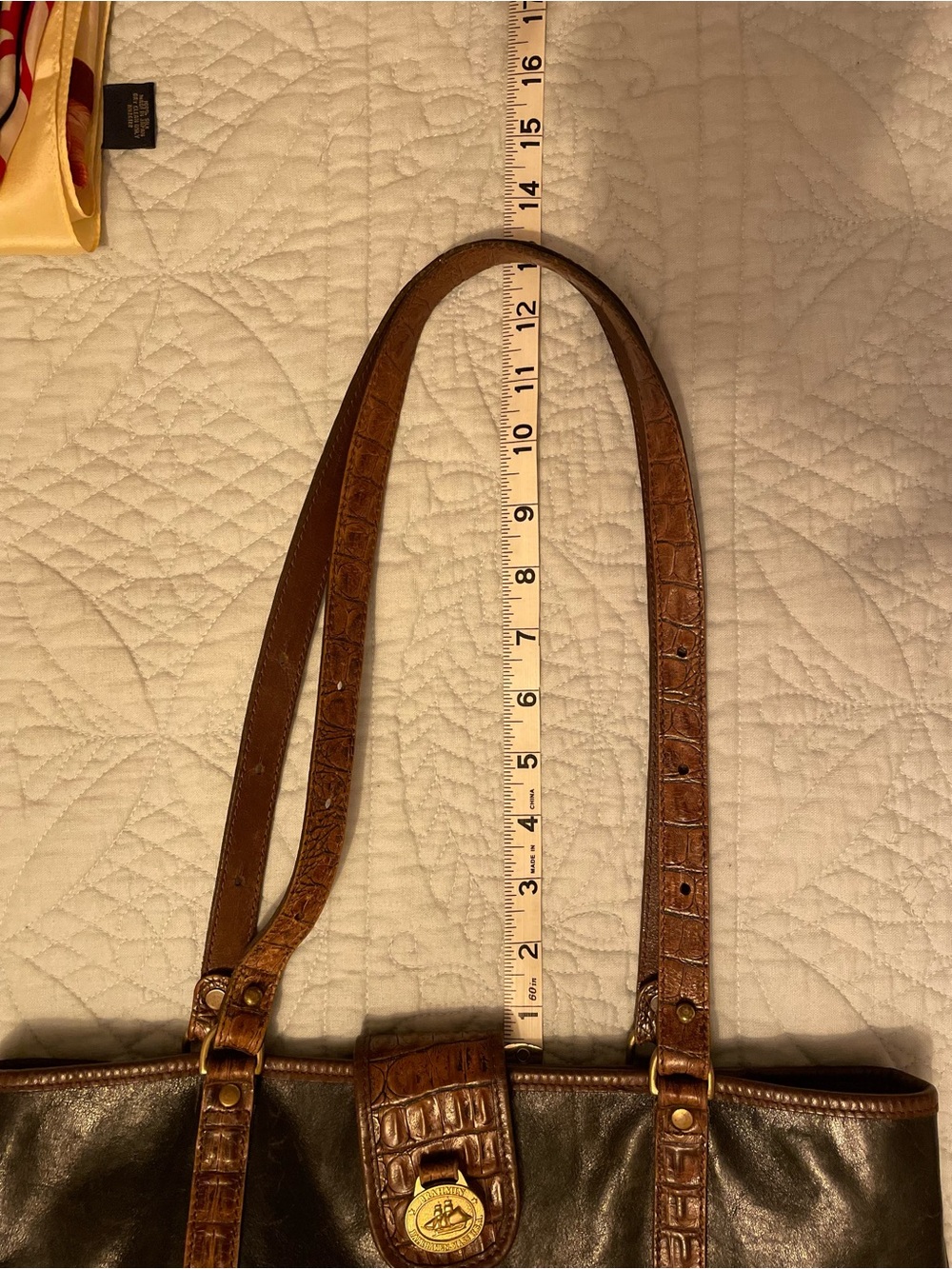 Vintage BRAHMIN Tuscan Leather Tote Black with Brown Crocodile-Embossed Trim - Picture 9 of 11